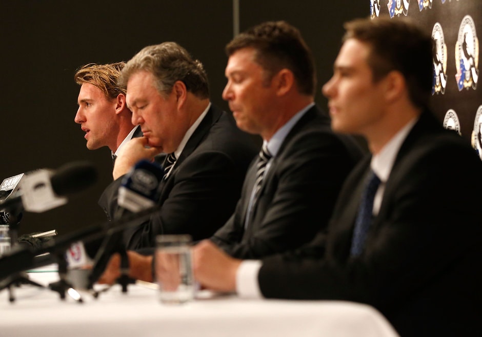 AFL 2015 Media - Collingwood Press Conference 100815 MELBOURNE, AUSTRALIA - AUGUST 10: (L-R) Lachlan Keeffe, Neil Balme, Gary Pert and Josh Thomas address the media during a Collingwood Magpies press conference at the Westpac Centre, Melbourne on August 10, 2015. (Photo: Michael Willson/AFL Media)